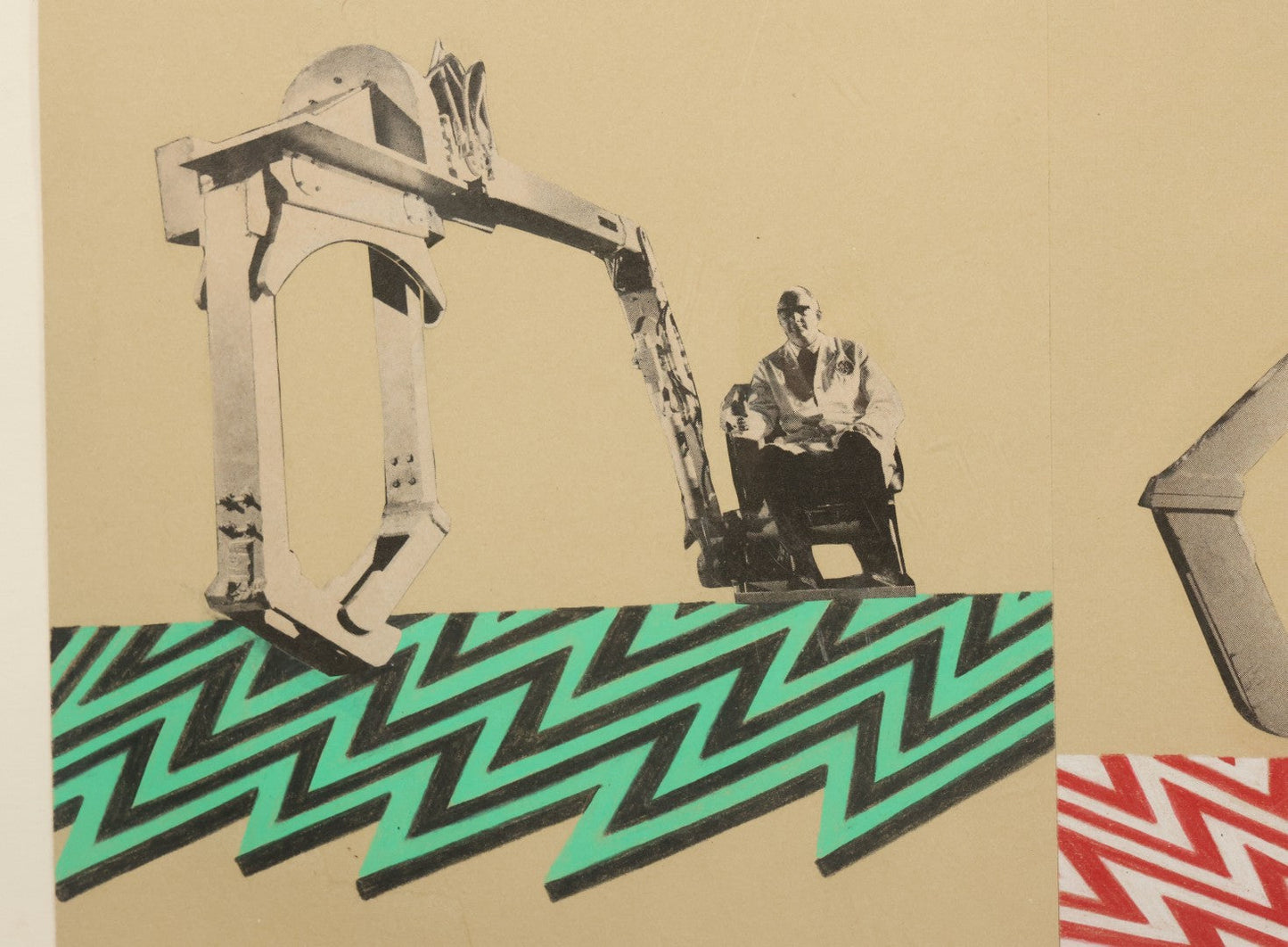 Lot 144 - Vintage Modern Pop Art Collage With Man Operating Heavy Machinery, Red And Green Zig Zag Designs, 21-1/4" x 11-1/4"