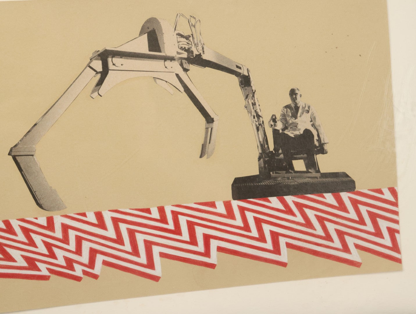 Lot 144 - Vintage Modern Pop Art Collage With Man Operating Heavy Machinery, Red And Green Zig Zag Designs, 21-1/4" x 11-1/4"
