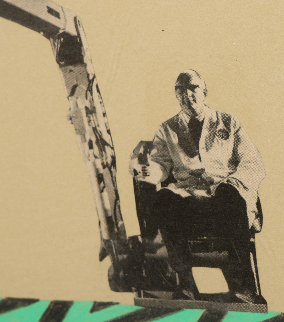 Lot 144 - Vintage Modern Pop Art Collage With Man Operating Heavy Machinery, Red And Green Zig Zag Designs, 21-1/4" x 11-1/4"