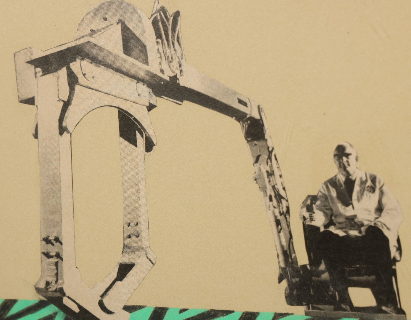 Lot 144 - Vintage Modern Pop Art Collage With Man Operating Heavy Machinery, Red And Green Zig Zag Designs, 21-1/4" x 11-1/4"