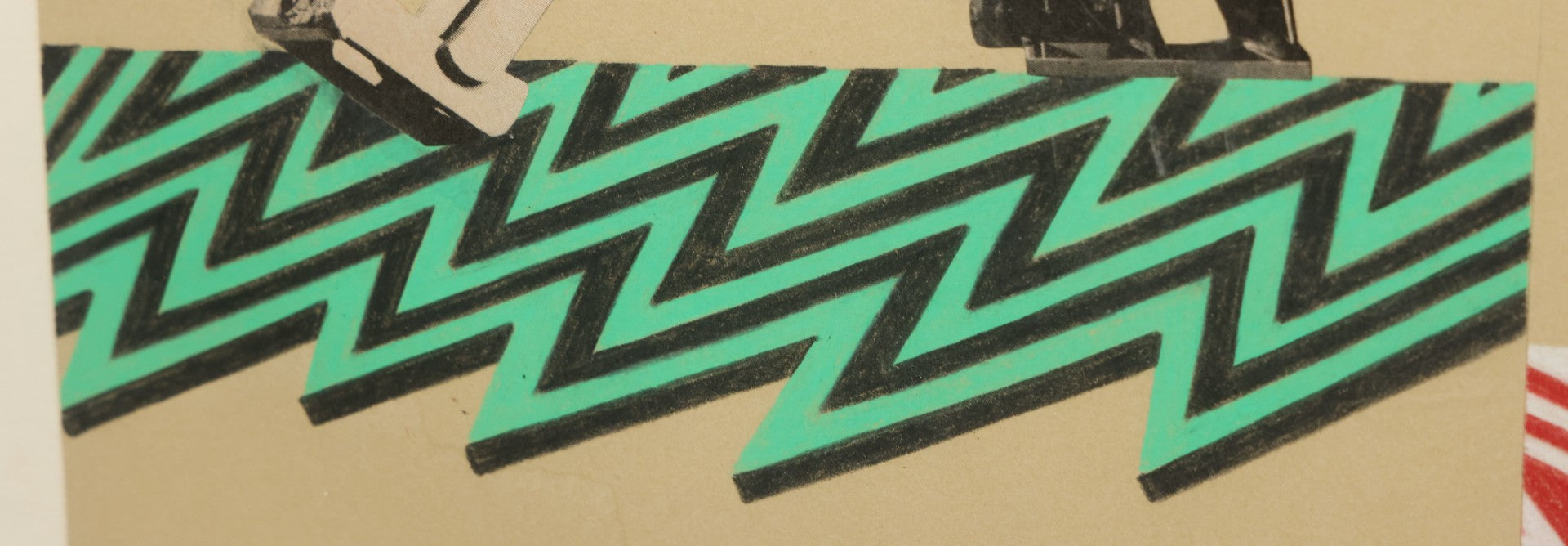 Lot 144 - Vintage Modern Pop Art Collage With Man Operating Heavy Machinery, Red And Green Zig Zag Designs, 21-1/4" x 11-1/4"