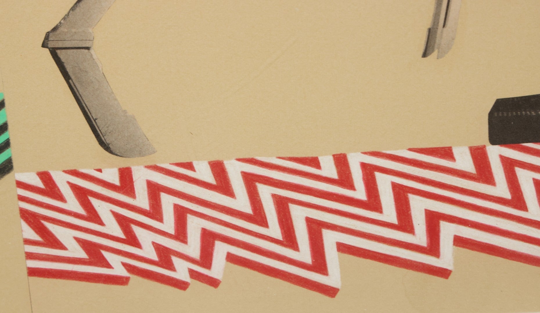 Lot 144 - Vintage Modern Pop Art Collage With Man Operating Heavy Machinery, Red And Green Zig Zag Designs, 21-1/4" x 11-1/4"