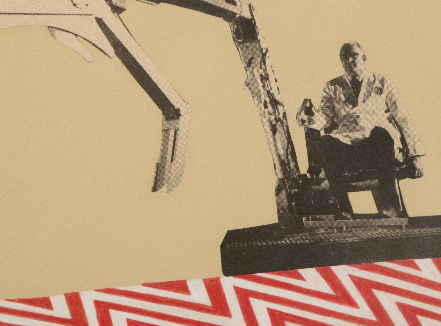 Lot 144 - Vintage Modern Pop Art Collage With Man Operating Heavy Machinery, Red And Green Zig Zag Designs, 21-1/4" x 11-1/4"