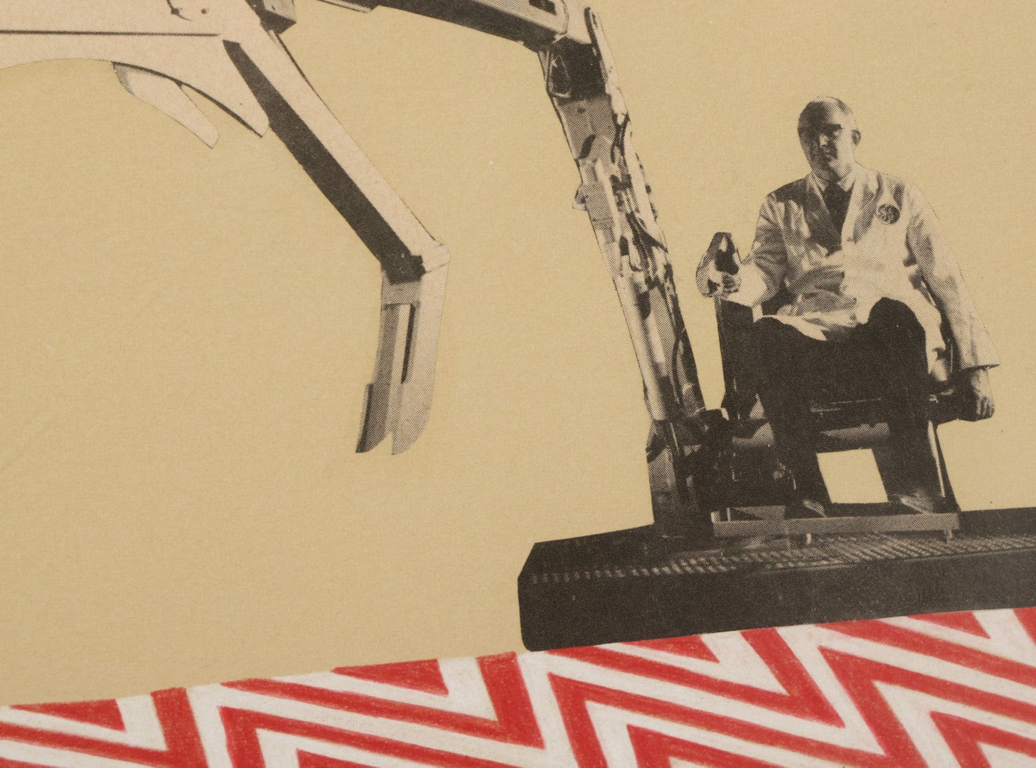 Lot 144 - Vintage Modern Pop Art Collage With Man Operating Heavy Machinery, Red And Green Zig Zag Designs, 21-1/4" x 11-1/4"