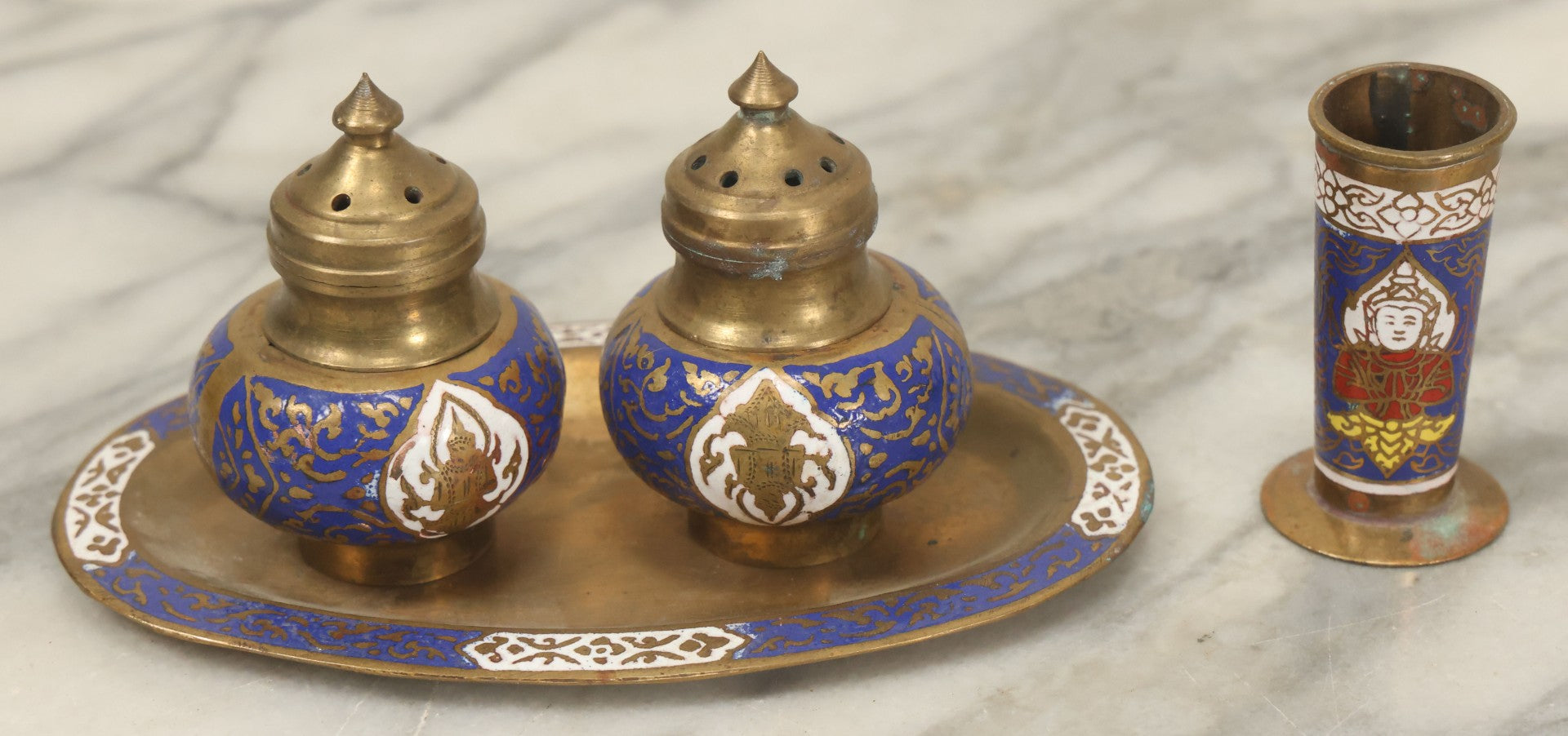 Lot 145 - Vintage Brass And Enamel Table Set With Plate, Pair Of Shakers, Small Cup, Marked Siam, Thailand