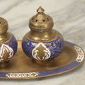 Lot 145 - Vintage Brass And Enamel Table Set With Plate, Pair Of Shakers, Small Cup, Marked Siam, Thailand