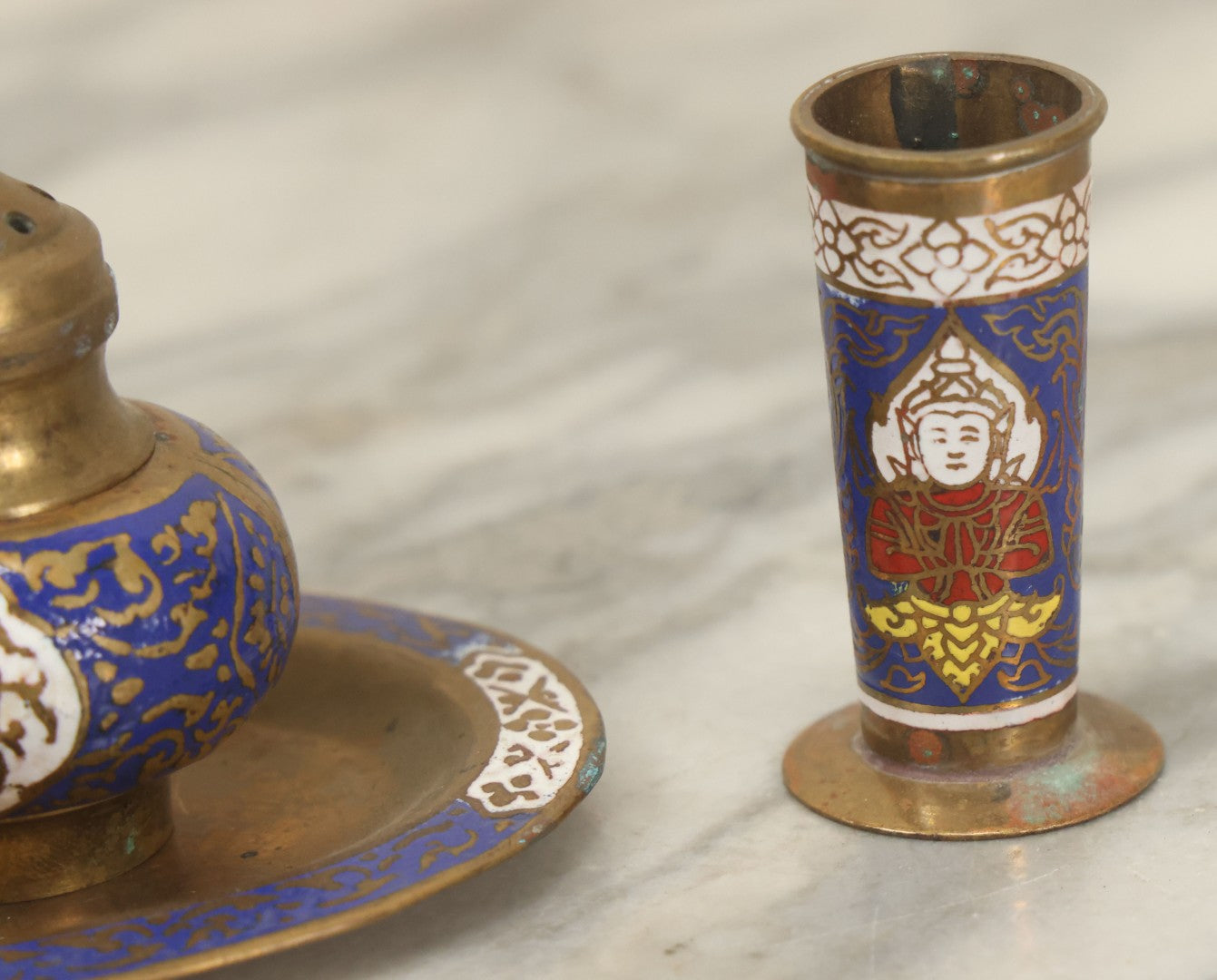 Lot 145 - Vintage Brass And Enamel Table Set With Plate, Pair Of Shakers, Small Cup, Marked Siam, Thailand