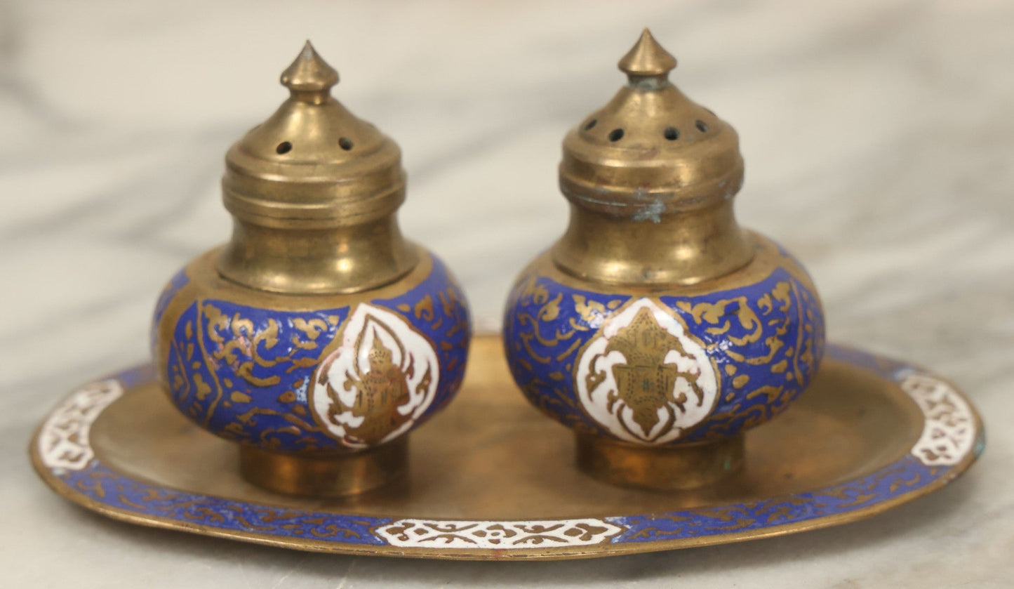 Lot 145 - Vintage Brass And Enamel Table Set With Plate, Pair Of Shakers, Small Cup, Marked Siam, Thailand