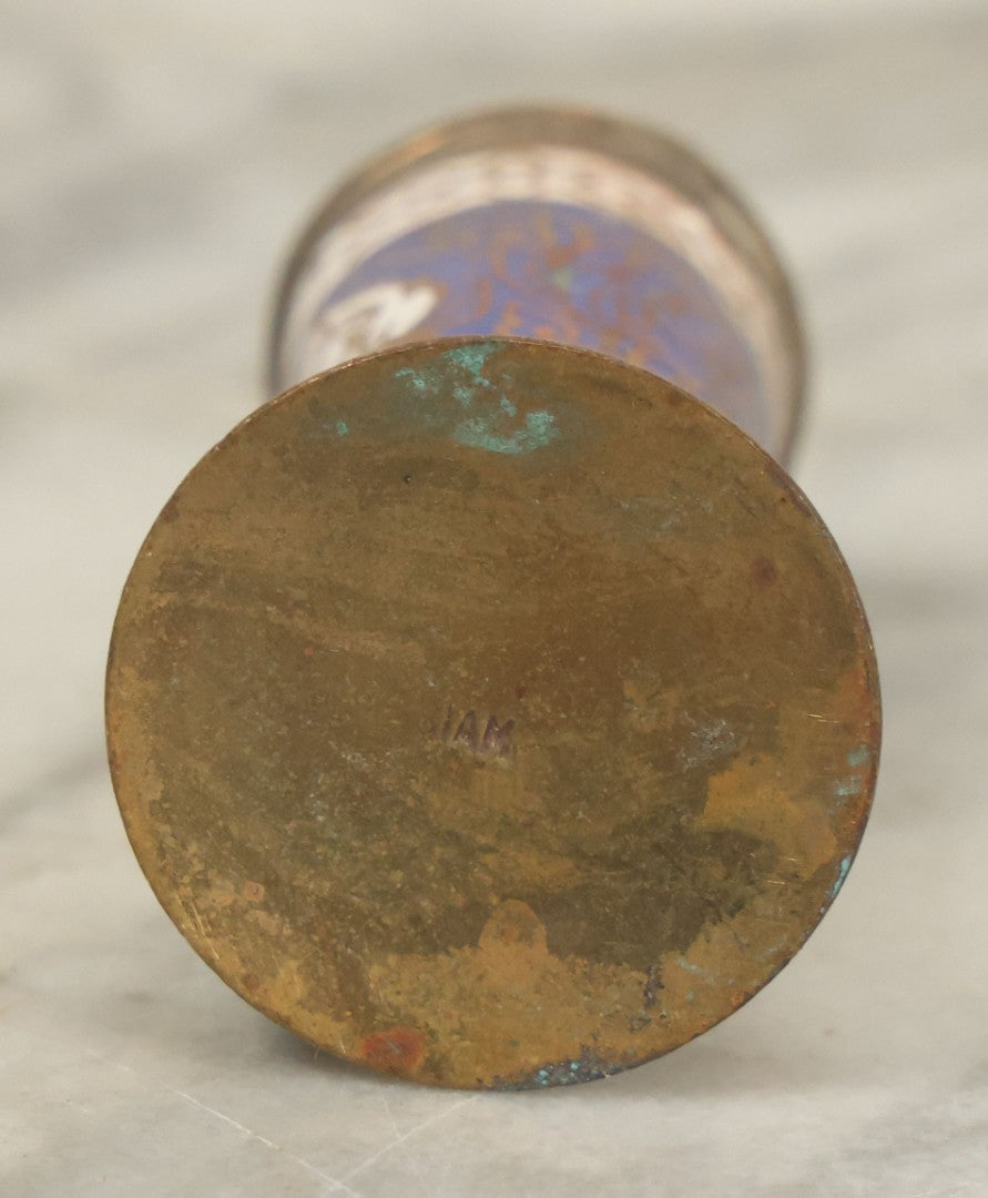 Lot 145 - Vintage Brass And Enamel Table Set With Plate, Pair Of Shakers, Small Cup, Marked Siam, Thailand