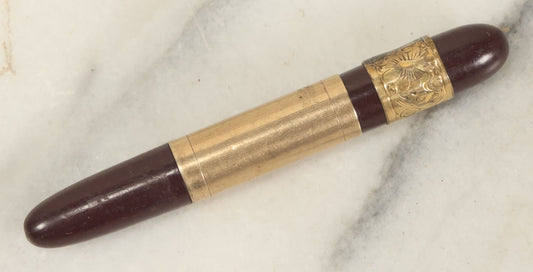 Lot 147 - Vintage Small Size Pocket Pen With Lid, Gold Toned Engraved Band With Floral Design, E.J. Monogram, Note Cracked Plastic At Tip