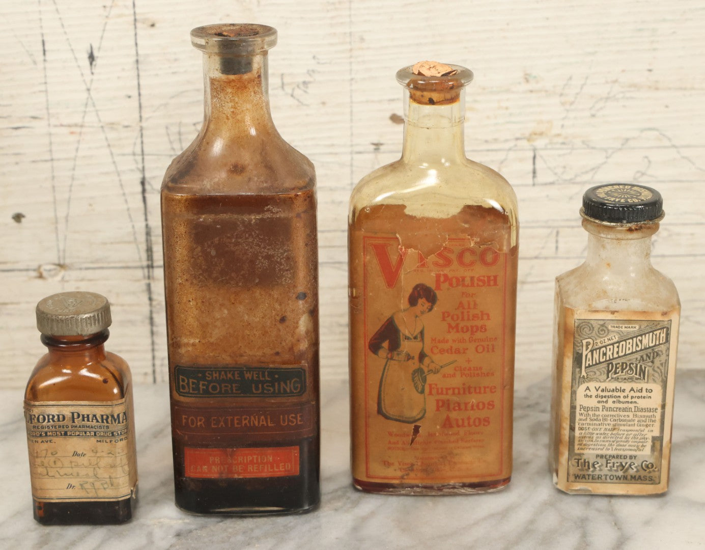 Lot 149 - Grouping Of Four Antique Bottles Including Visco Polish, Pepsin Medicine, Milford Pharmacy, Others, As Found, Various Wear