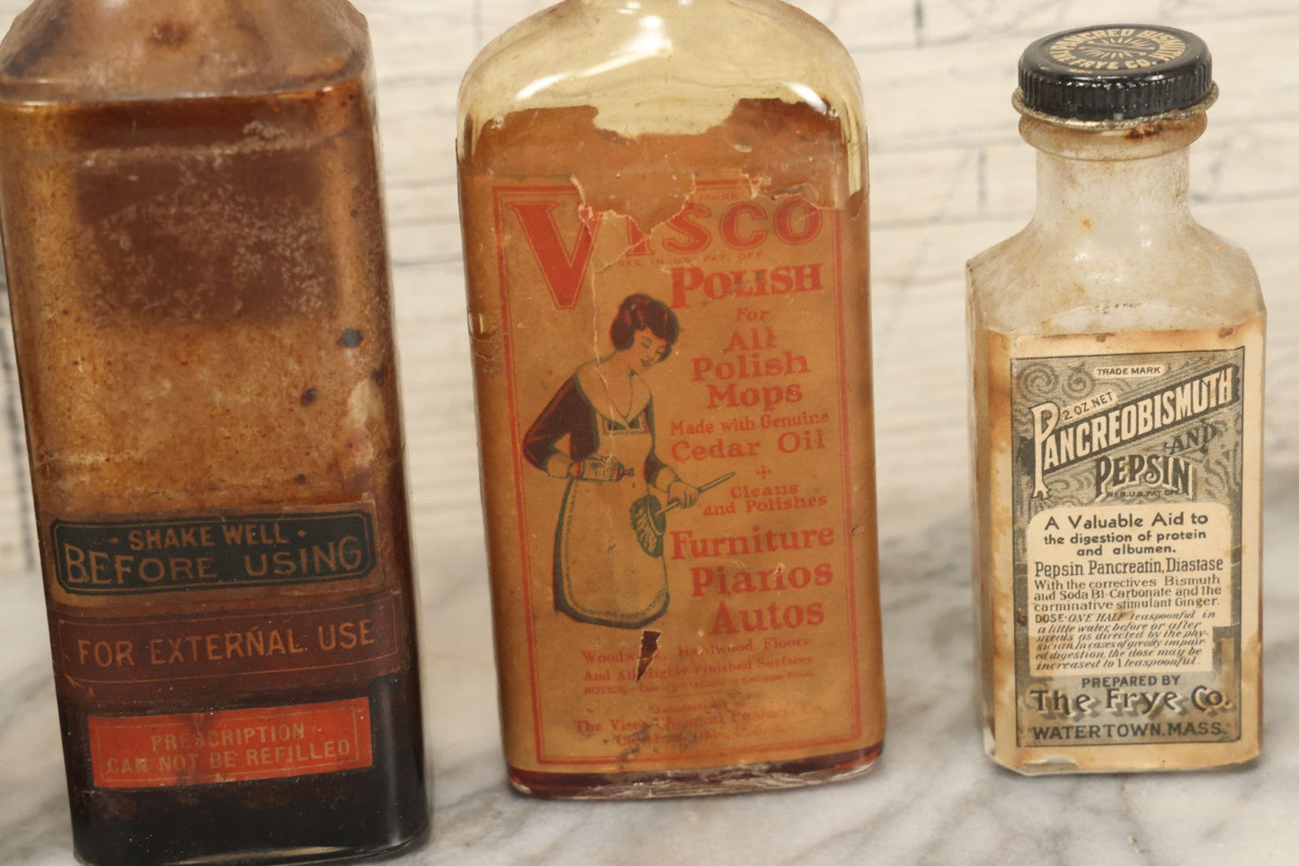 Lot 149 - Grouping Of Four Antique Bottles Including Visco Polish, Pepsin Medicine, Milford Pharmacy, Others, As Found, Various Wear