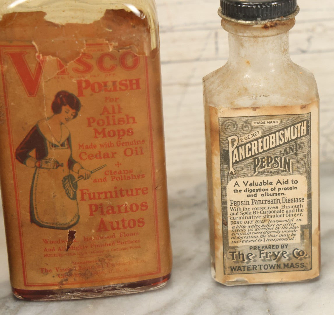 Lot 149 - Grouping Of Four Antique Bottles Including Visco Polish, Pepsin Medicine, Milford Pharmacy, Others, As Found, Various Wear