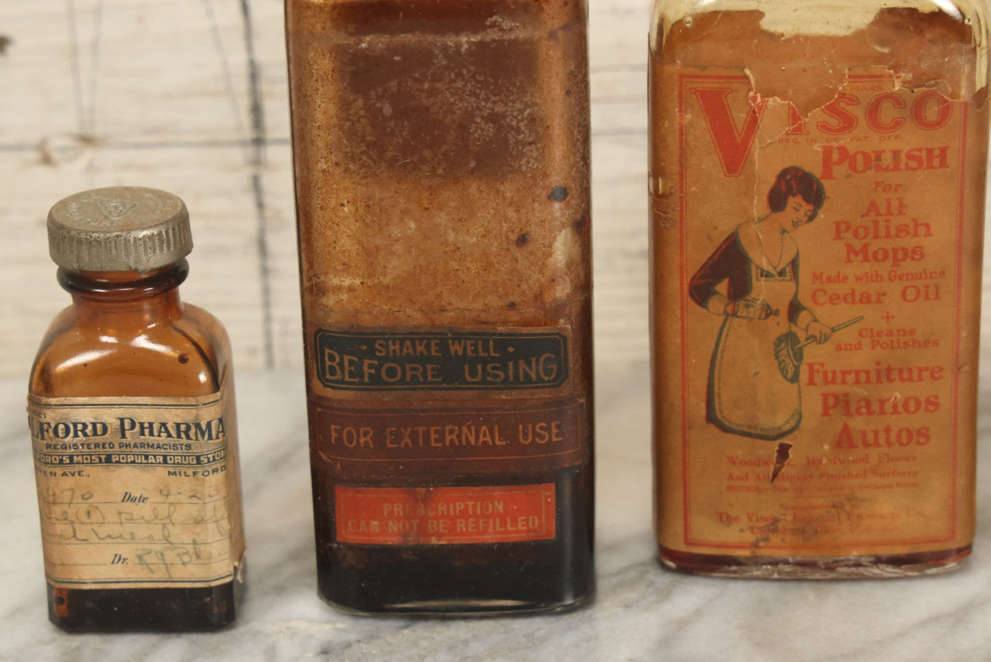 Lot 149 - Grouping Of Four Antique Bottles Including Visco Polish, Pepsin Medicine, Milford Pharmacy, Others, As Found, Various Wear
