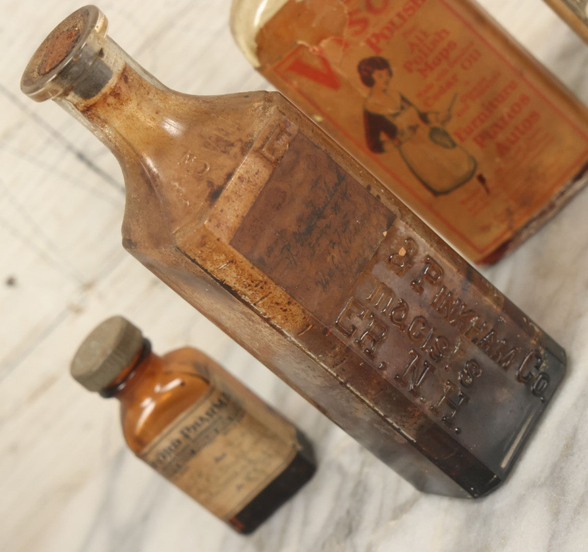 Lot 149 - Grouping Of Four Antique Bottles Including Visco Polish, Pepsin Medicine, Milford Pharmacy, Others, As Found, Various Wear