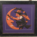 Lot 010 - Antique Witch On Broom With Moon Man Embossed Cardboard Paper Halloween Decoration, Made In Germany, In Custom Frame, 16-3/8" x 15-3/8"