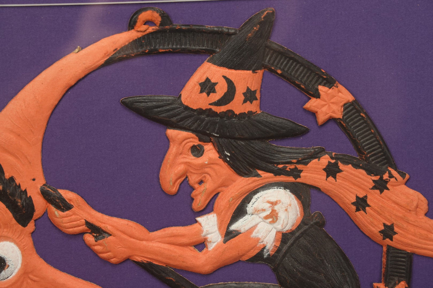 Lot 010 - Antique Witch On Broom With Moon Man Embossed Cardboard Paper Halloween Decoration, Made In Germany, In Custom Frame, 16-3/8" x 15-3/8"
