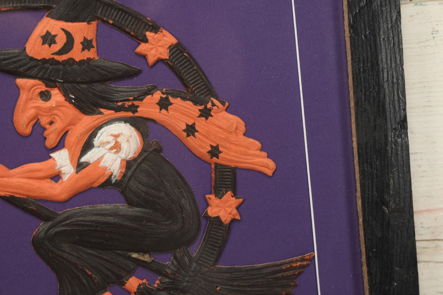 Lot 010 - Antique Witch On Broom With Moon Man Embossed Cardboard Paper Halloween Decoration, Made In Germany, In Custom Frame, 16-3/8" x 15-3/8"