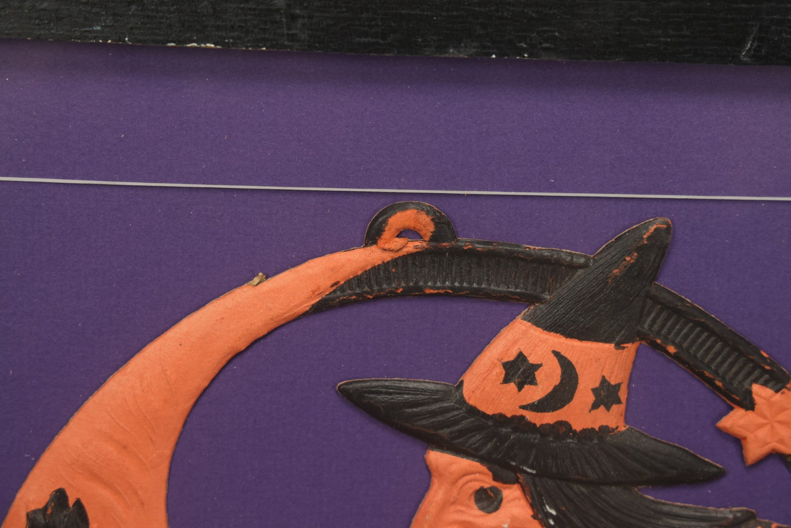 Lot 010 - Antique Witch On Broom With Moon Man Embossed Cardboard Paper Halloween Decoration, Made In Germany, In Custom Frame, 16-3/8" x 15-3/8"