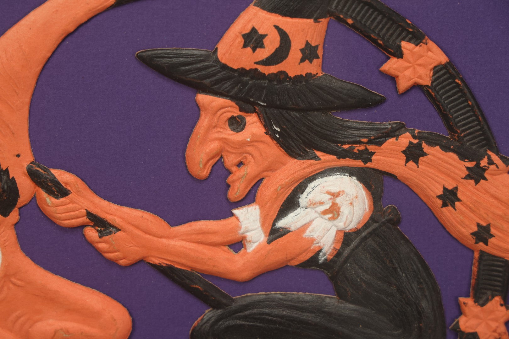 Lot 010 - Antique Witch On Broom With Moon Man Embossed Cardboard Paper Halloween Decoration, Made In Germany, In Custom Frame, 16-3/8" x 15-3/8"