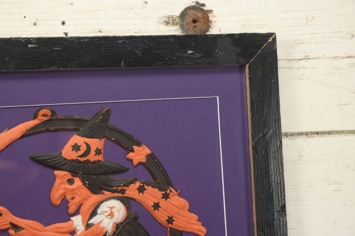 Lot 010 - Antique Witch On Broom With Moon Man Embossed Cardboard Paper Halloween Decoration, Made In Germany, In Custom Frame, 16-3/8" x 15-3/8"