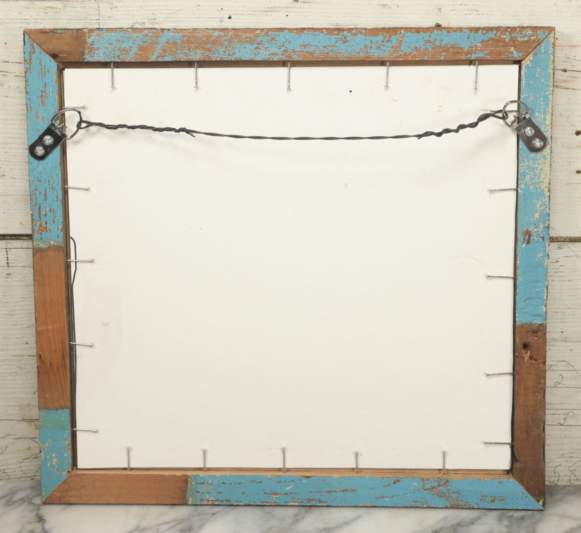 Lot 010 - Antique Witch On Broom With Moon Man Embossed Cardboard Paper Halloween Decoration, Made In Germany, In Custom Frame, 16-3/8" x 15-3/8"