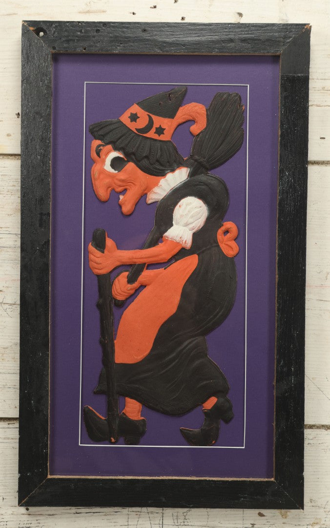 Lot 011 - Antique Witch With Cane, Star And Moon Hat Embossed Cardboard Paper Halloween Decoration, Made In Germany, In Custom Frame, 12-3/8" x 20-7/8"