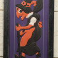 Lot 011 - Antique Witch With Cane, Star And Moon Hat Embossed Cardboard Paper Halloween Decoration, Made In Germany, In Custom Frame, 12-3/8" x 20-7/8"