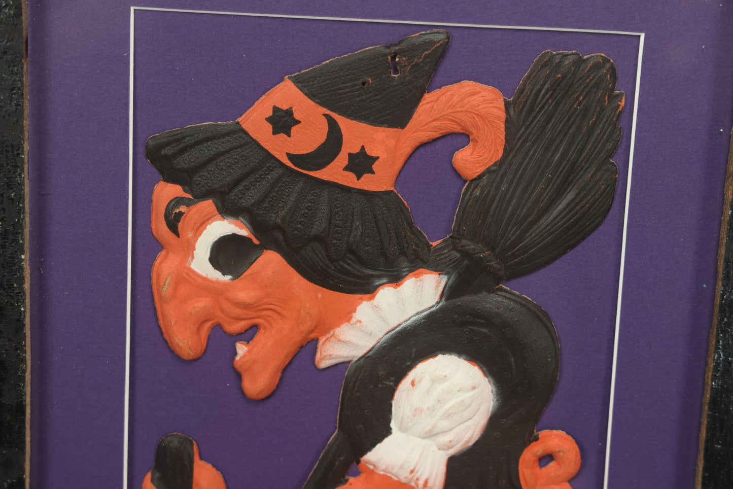 Lot 011 - Antique Witch With Cane, Star And Moon Hat Embossed Cardboard Paper Halloween Decoration, Made In Germany, In Custom Frame, 12-3/8" x 20-7/8"
