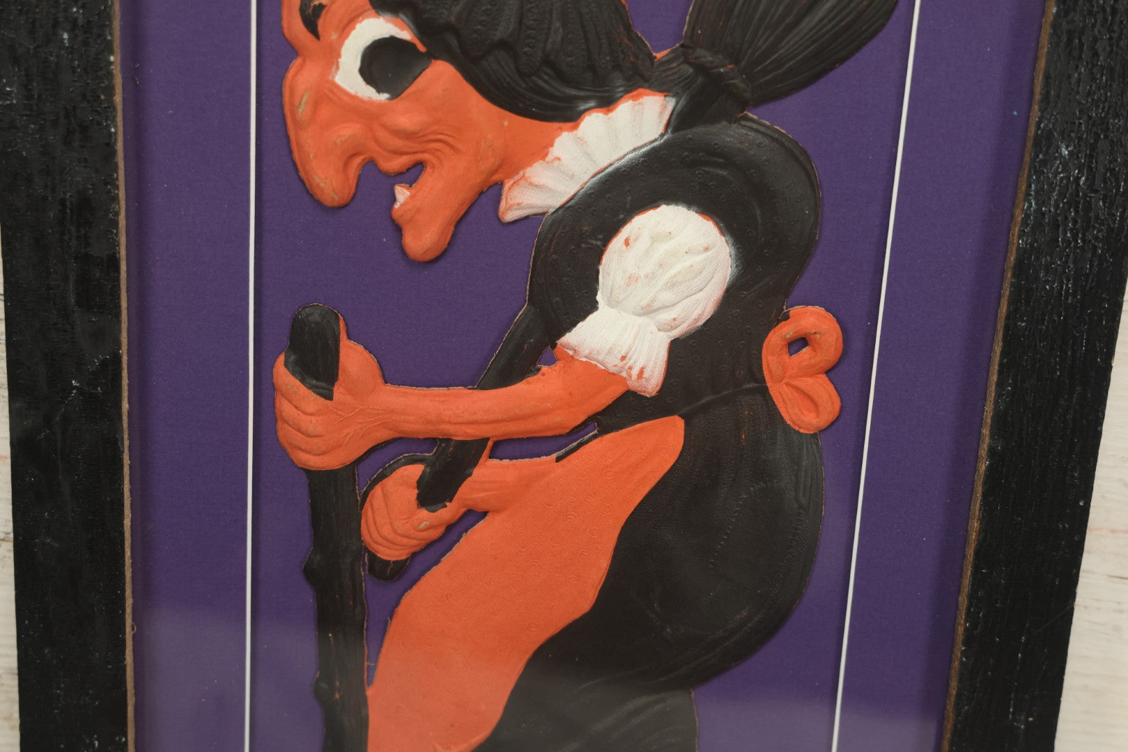 Lot 011 - Antique Witch With Cane, Star And Moon Hat Embossed Cardboard Paper Halloween Decoration, Made In Germany, In Custom Frame, 12-3/8" x 20-7/8"