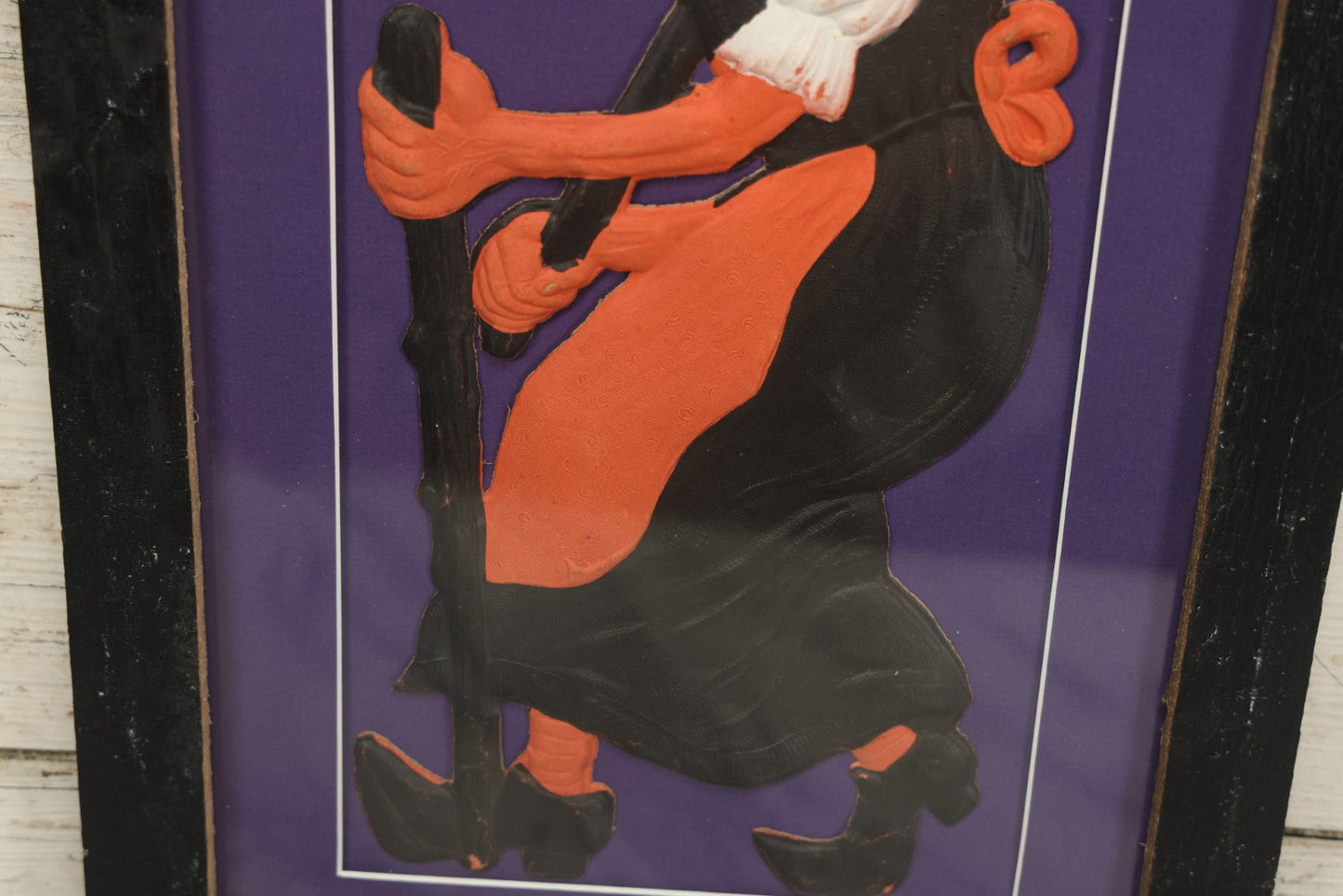 Lot 011 - Antique Witch With Cane, Star And Moon Hat Embossed Cardboard Paper Halloween Decoration, Made In Germany, In Custom Frame, 12-3/8" x 20-7/8"