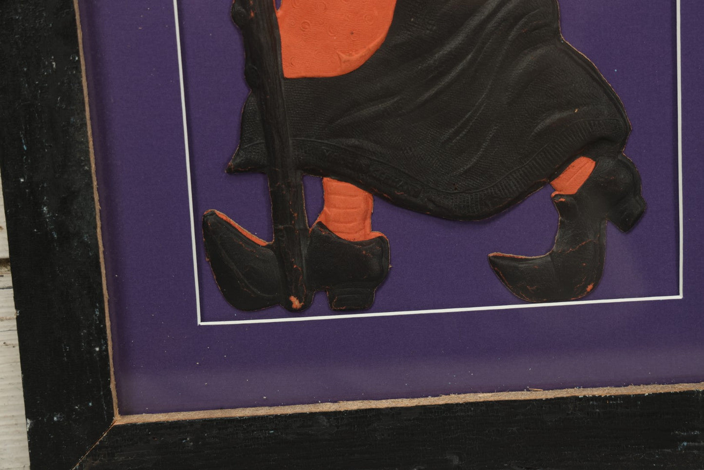 Lot 011 - Antique Witch With Cane, Star And Moon Hat Embossed Cardboard Paper Halloween Decoration, Made In Germany, In Custom Frame, 12-3/8" x 20-7/8"