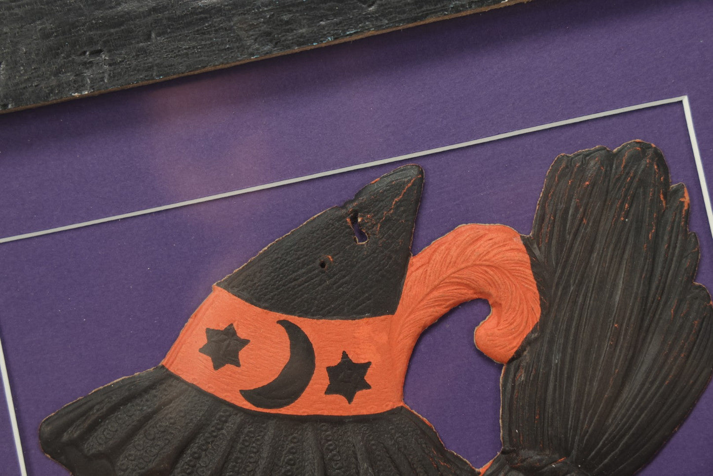 Lot 011 - Antique Witch With Cane, Star And Moon Hat Embossed Cardboard Paper Halloween Decoration, Made In Germany, In Custom Frame, 12-3/8" x 20-7/8"