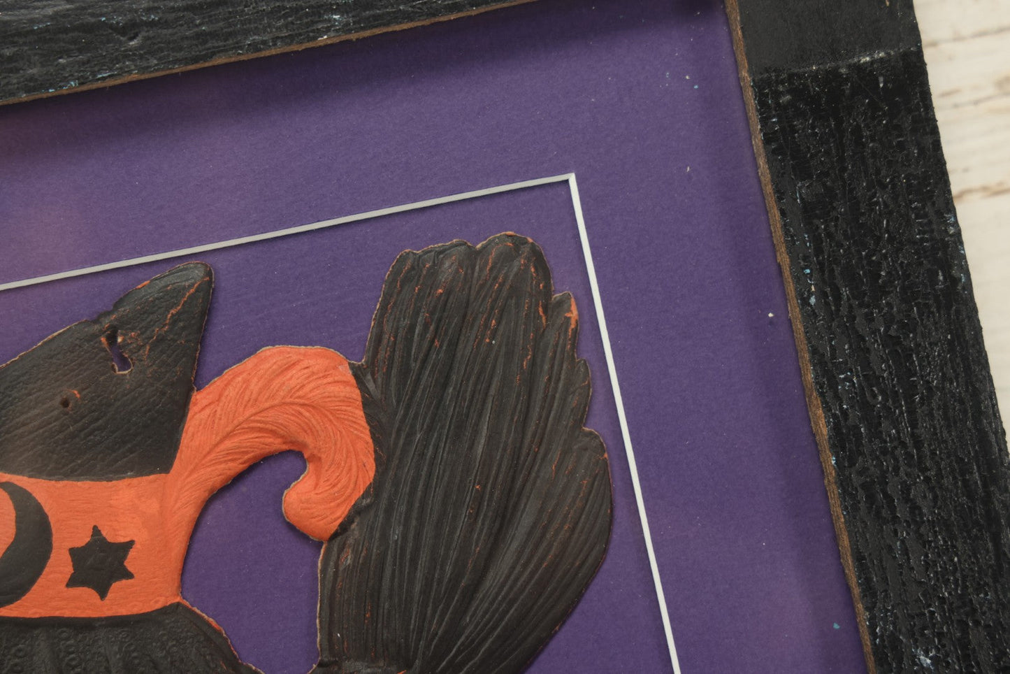 Lot 011 - Antique Witch With Cane, Star And Moon Hat Embossed Cardboard Paper Halloween Decoration, Made In Germany, In Custom Frame, 12-3/8" x 20-7/8"