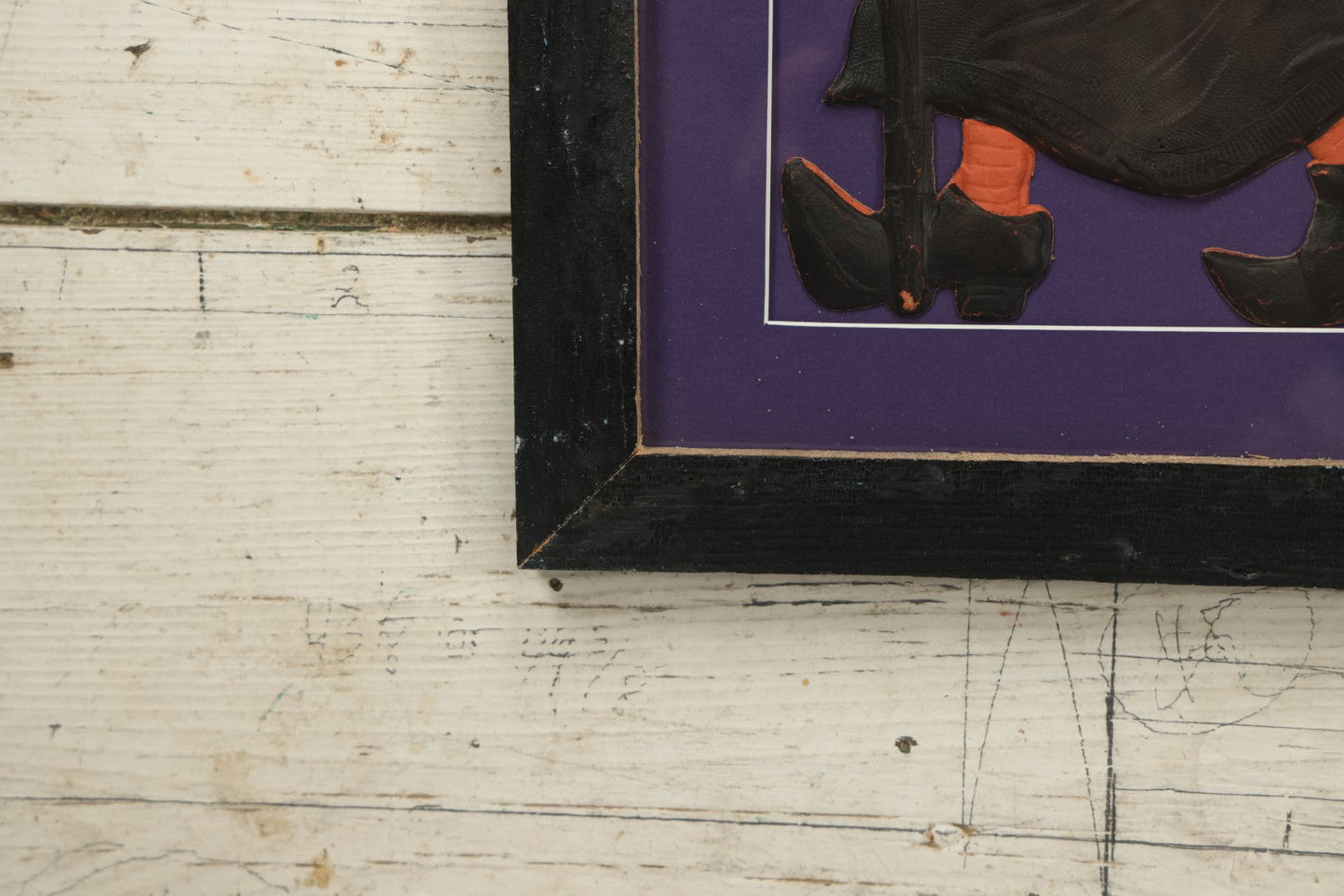 Lot 011 - Antique Witch With Cane, Star And Moon Hat Embossed Cardboard Paper Halloween Decoration, Made In Germany, In Custom Frame, 12-3/8" x 20-7/8"