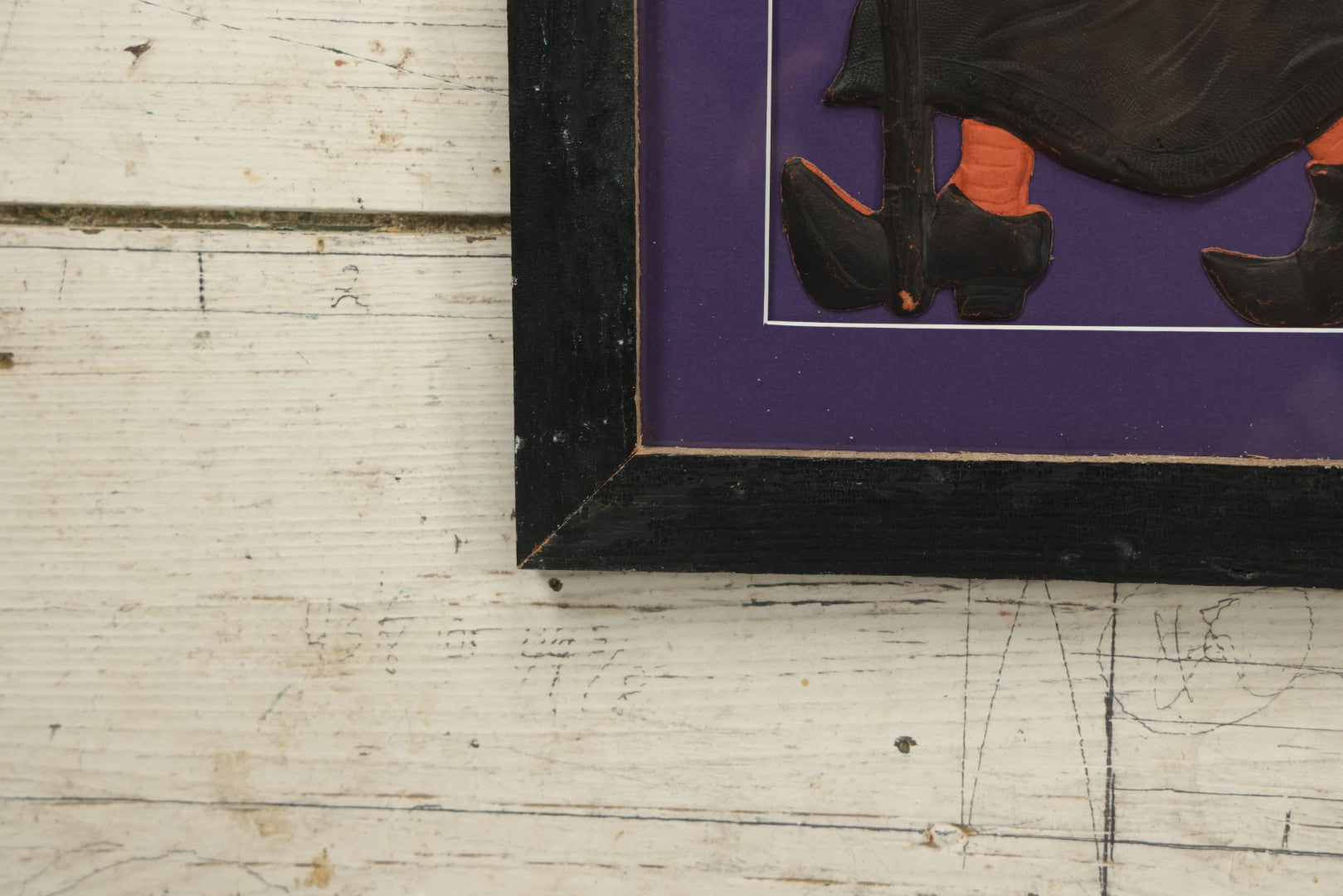 Lot 011 - Antique Witch With Cane, Star And Moon Hat Embossed Cardboard Paper Halloween Decoration, Made In Germany, In Custom Frame, 12-3/8" x 20-7/8"