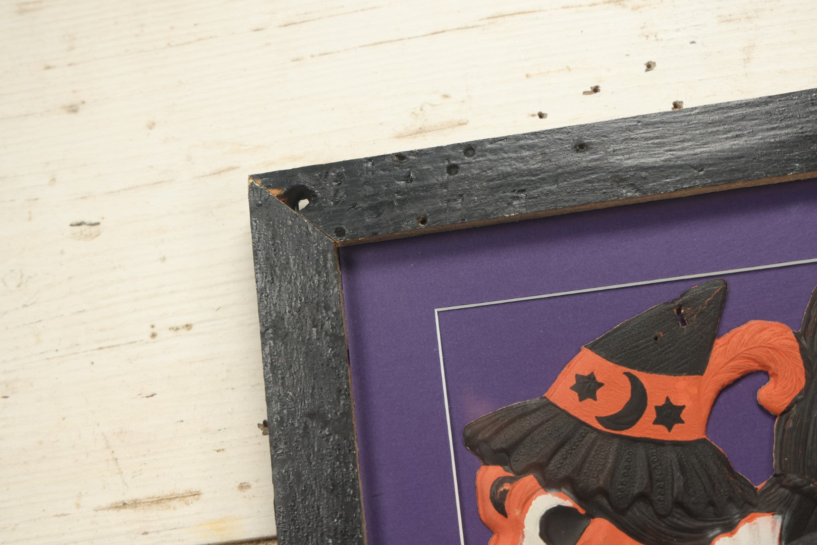 Lot 011 - Antique Witch With Cane, Star And Moon Hat Embossed Cardboard Paper Halloween Decoration, Made In Germany, In Custom Frame, 12-3/8" x 20-7/8"