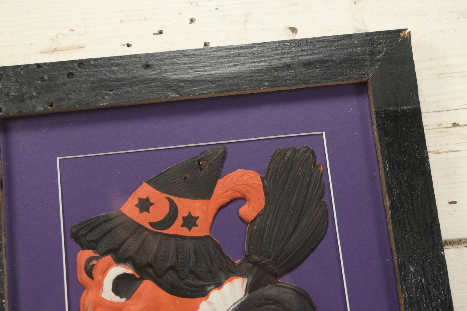 Lot 011 - Antique Witch With Cane, Star And Moon Hat Embossed Cardboard Paper Halloween Decoration, Made In Germany, In Custom Frame, 12-3/8" x 20-7/8"