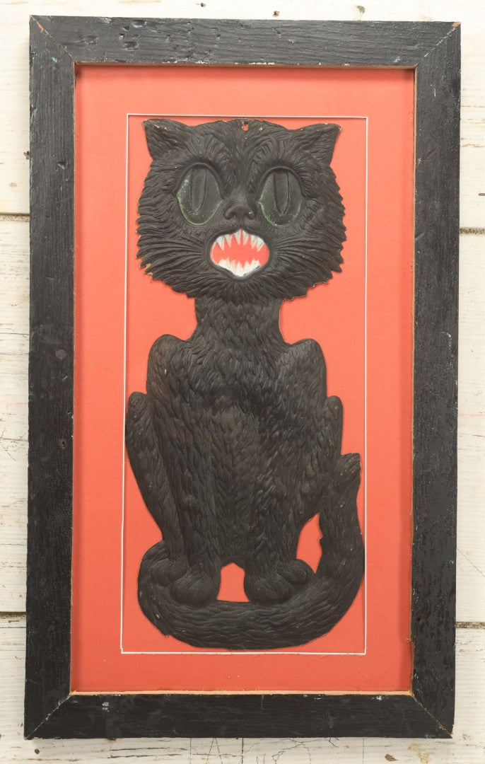 Lot 012 - Antique Singing Black Cat Embossed Cardboard Paper Halloween Decoration, Made In Germany, In Custom Frame, 12-1/4" x 20-1/2"