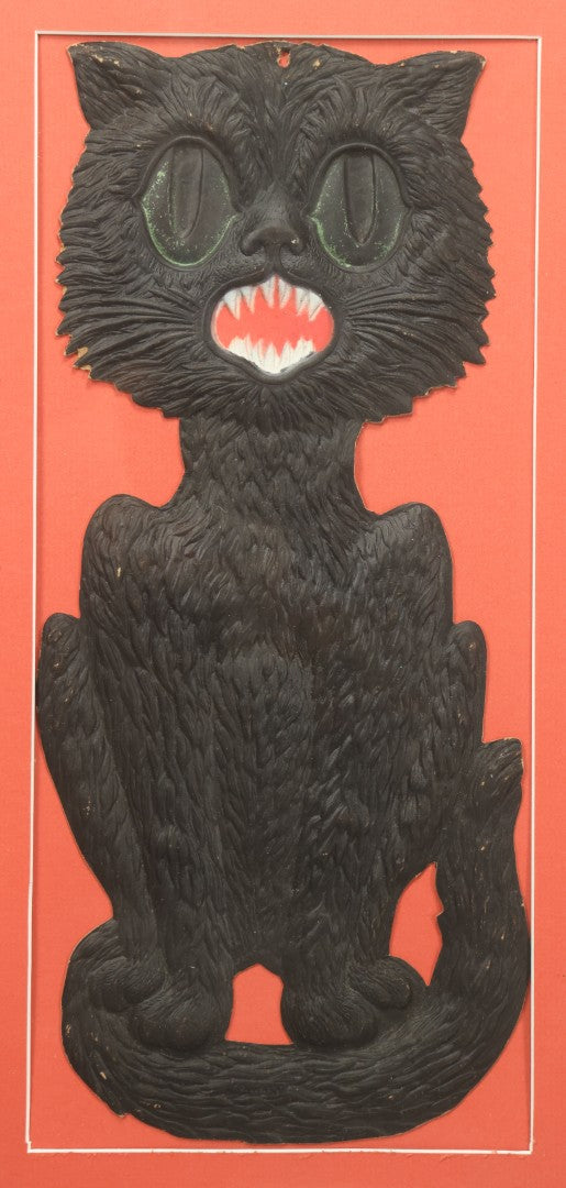Lot 012 - Antique Singing Black Cat Embossed Cardboard Paper Halloween Decoration, Made In Germany, In Custom Frame, 12-1/4" x 20-1/2"