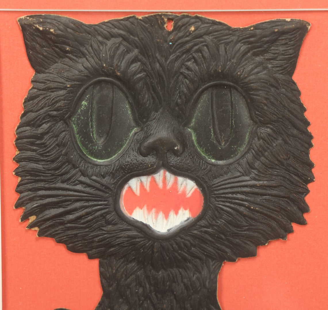 Lot 012 - Antique Singing Black Cat Embossed Cardboard Paper Halloween Decoration, Made In Germany, In Custom Frame, 12-1/4" x 20-1/2"