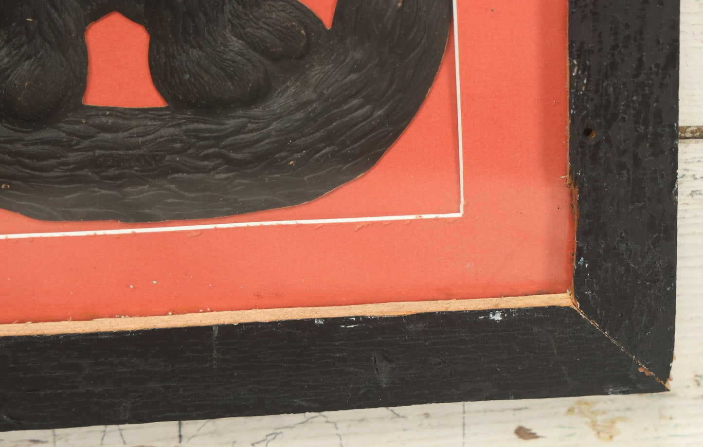 Lot 012 - Antique Singing Black Cat Embossed Cardboard Paper Halloween Decoration, Made In Germany, In Custom Frame, 12-1/4" x 20-1/2"