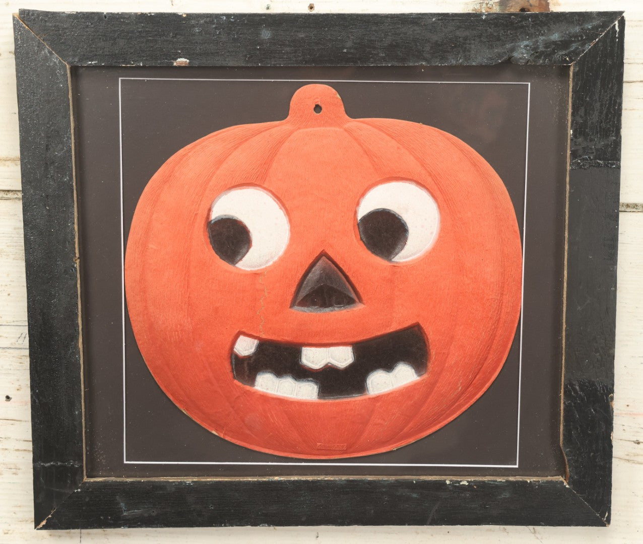 Lot 013 - Antique Halloween Pumpkin Jack-O-Lantern J.O.L. (#1) Embossed Cardboard Paper Halloween Decoration, Made In Germany, In Custom Frame, 15-1/4" x 13-1/4"