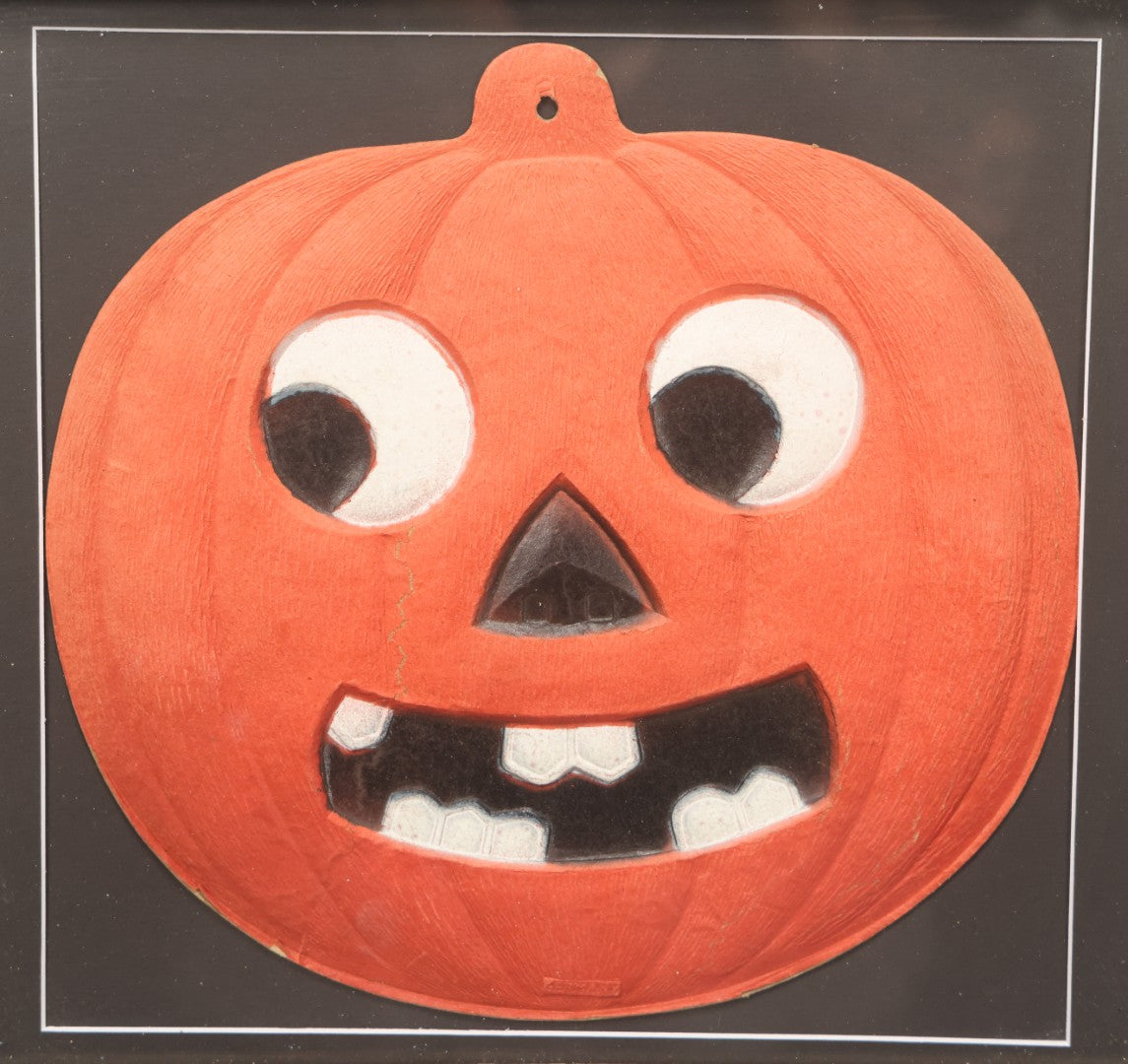 Lot 013 - Antique Halloween Pumpkin Jack-O-Lantern J.O.L. (#1) Embossed Cardboard Paper Halloween Decoration, Made In Germany, In Custom Frame, 15-1/4" x 13-1/4"