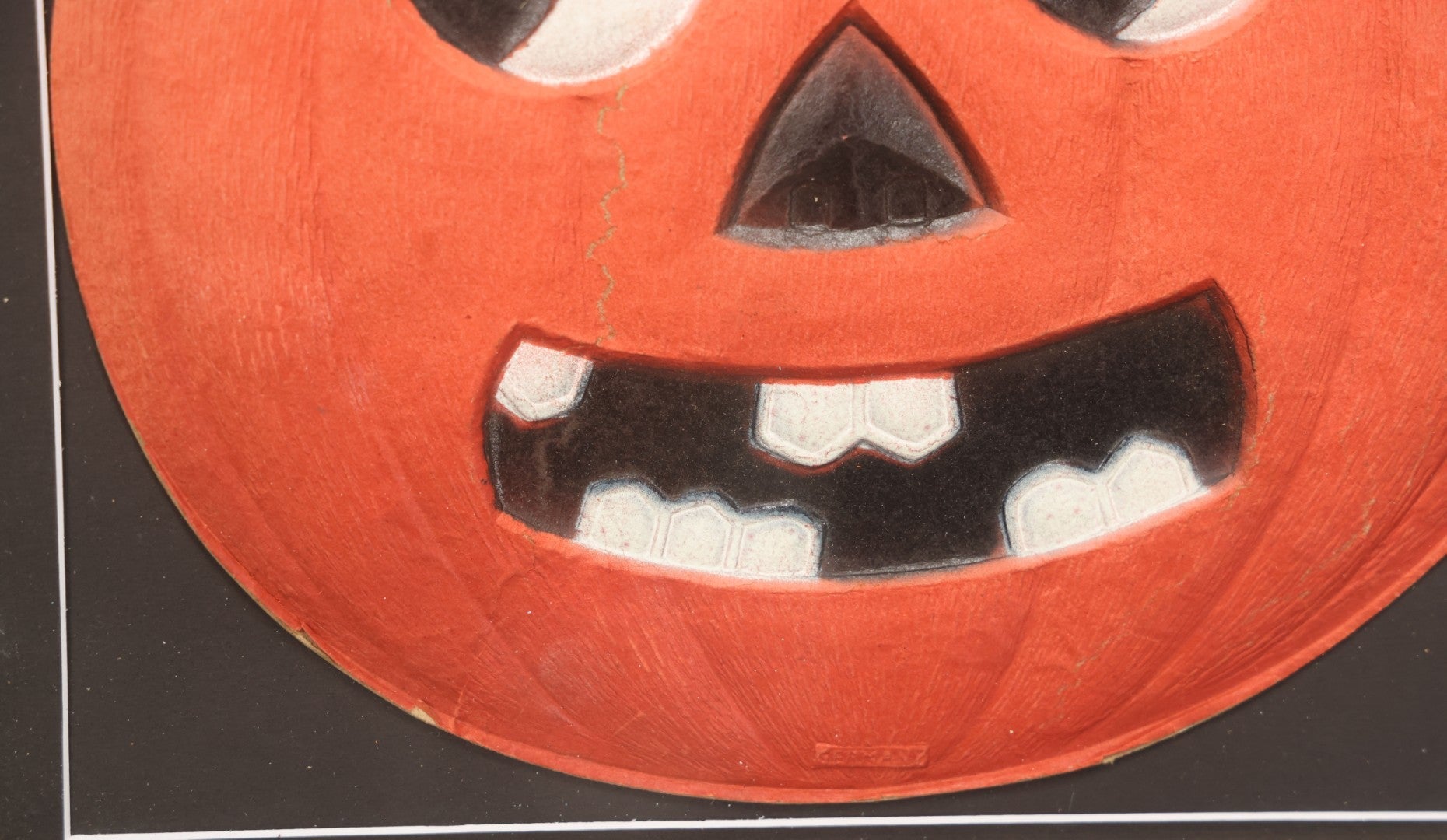 Lot 013 - Antique Halloween Pumpkin Jack-O-Lantern J.O.L. (#1) Embossed Cardboard Paper Halloween Decoration, Made In Germany, In Custom Frame, 15-1/4" x 13-1/4"