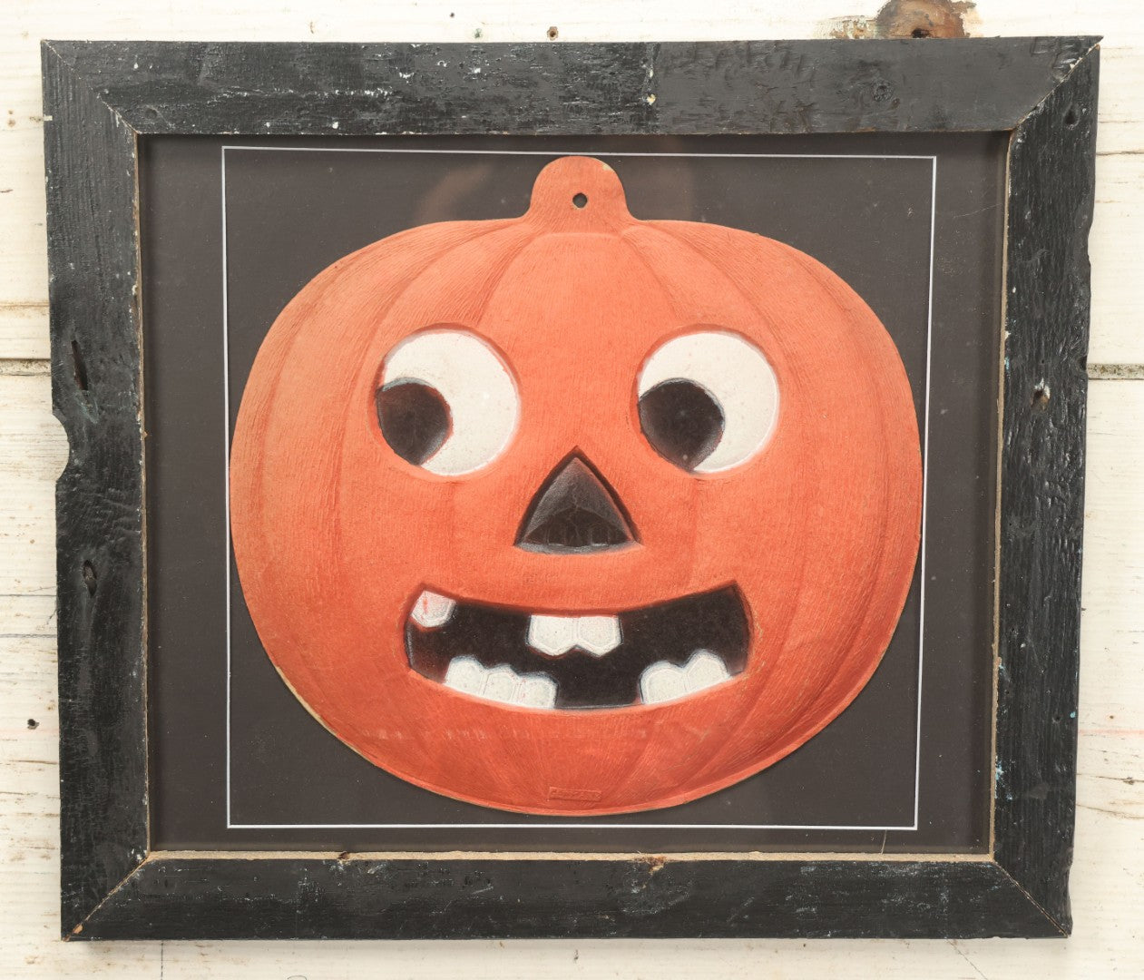Lot 014 - Antique Halloween Pumpkin Jack-O-Lantern J.O.L. (#2) Embossed Cardboard Paper Halloween Decoration, Made In Germany, In Custom Frame, 15-1/4" x 13-1/4"