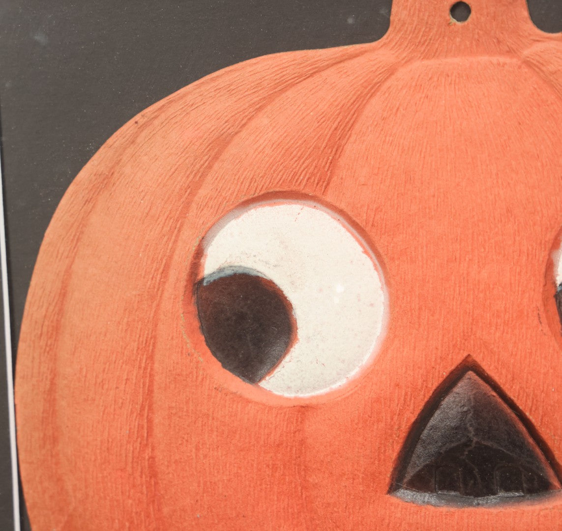 Lot 014 - Antique Halloween Pumpkin Jack-O-Lantern J.O.L. (#2) Embossed Cardboard Paper Halloween Decoration, Made In Germany, In Custom Frame, 15-1/4" x 13-1/4"