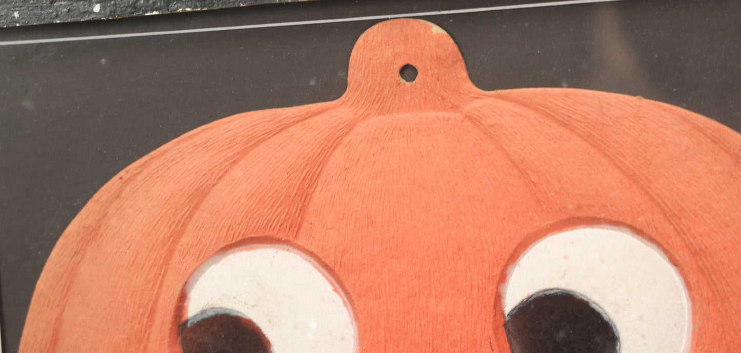 Lot 014 - Antique Halloween Pumpkin Jack-O-Lantern J.O.L. (#2) Embossed Cardboard Paper Halloween Decoration, Made In Germany, In Custom Frame, 15-1/4" x 13-1/4"