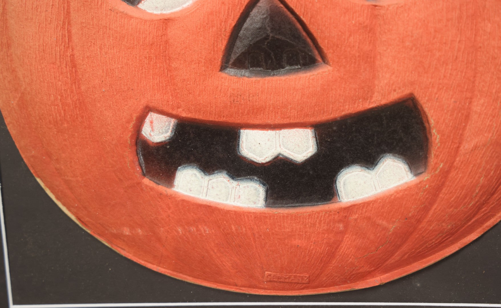 Lot 014 - Antique Halloween Pumpkin Jack-O-Lantern J.O.L. (#2) Embossed Cardboard Paper Halloween Decoration, Made In Germany, In Custom Frame, 15-1/4" x 13-1/4"