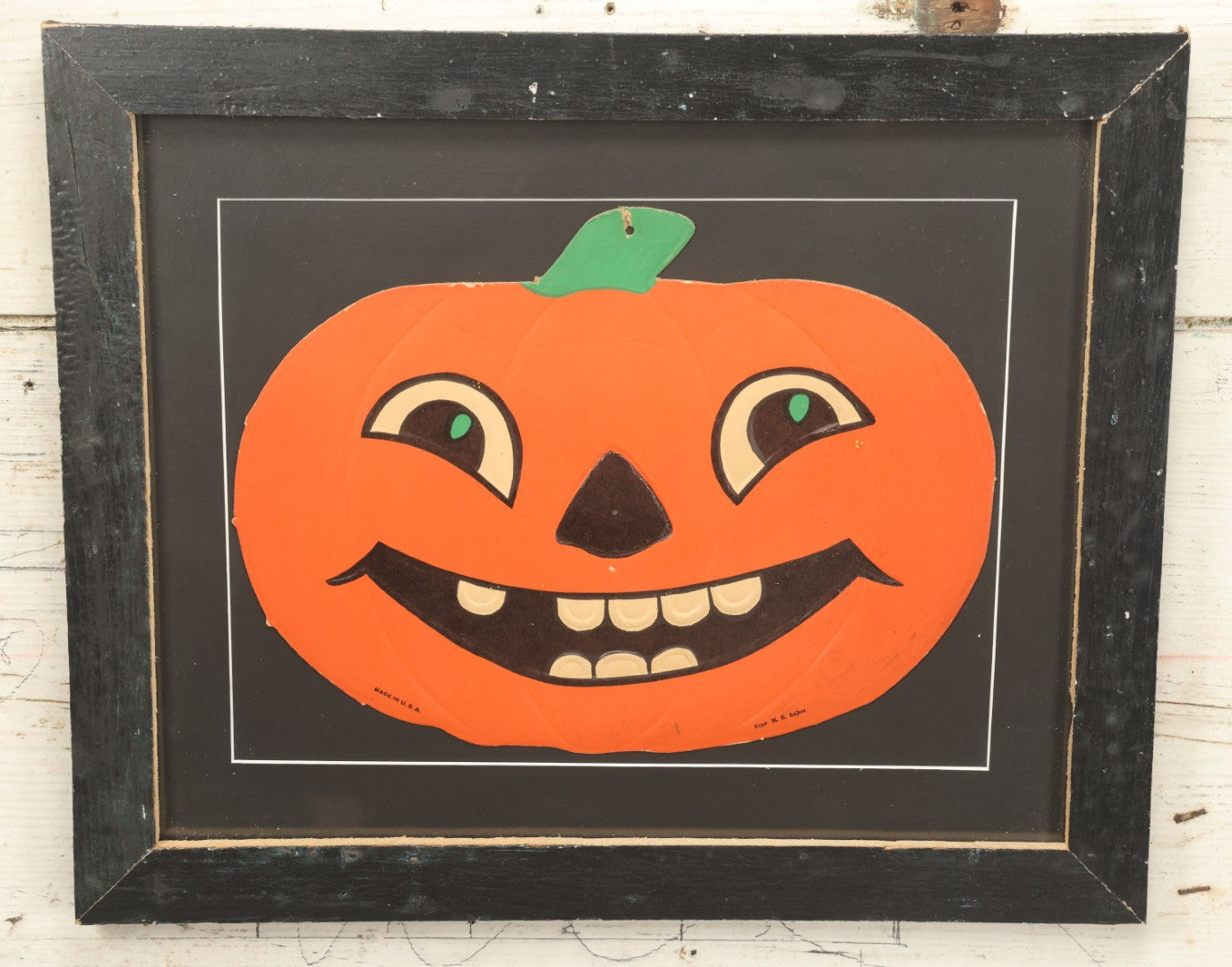 Lot 015 - Antique Halloween Pumpkin Jack-O-Lantern J.O.L. By H.E. Luhrs Embossed Cardboard Paper Halloween Decoration, Made In U.S.A., In Custom Frame, 17-1/4" x 14-3/8"